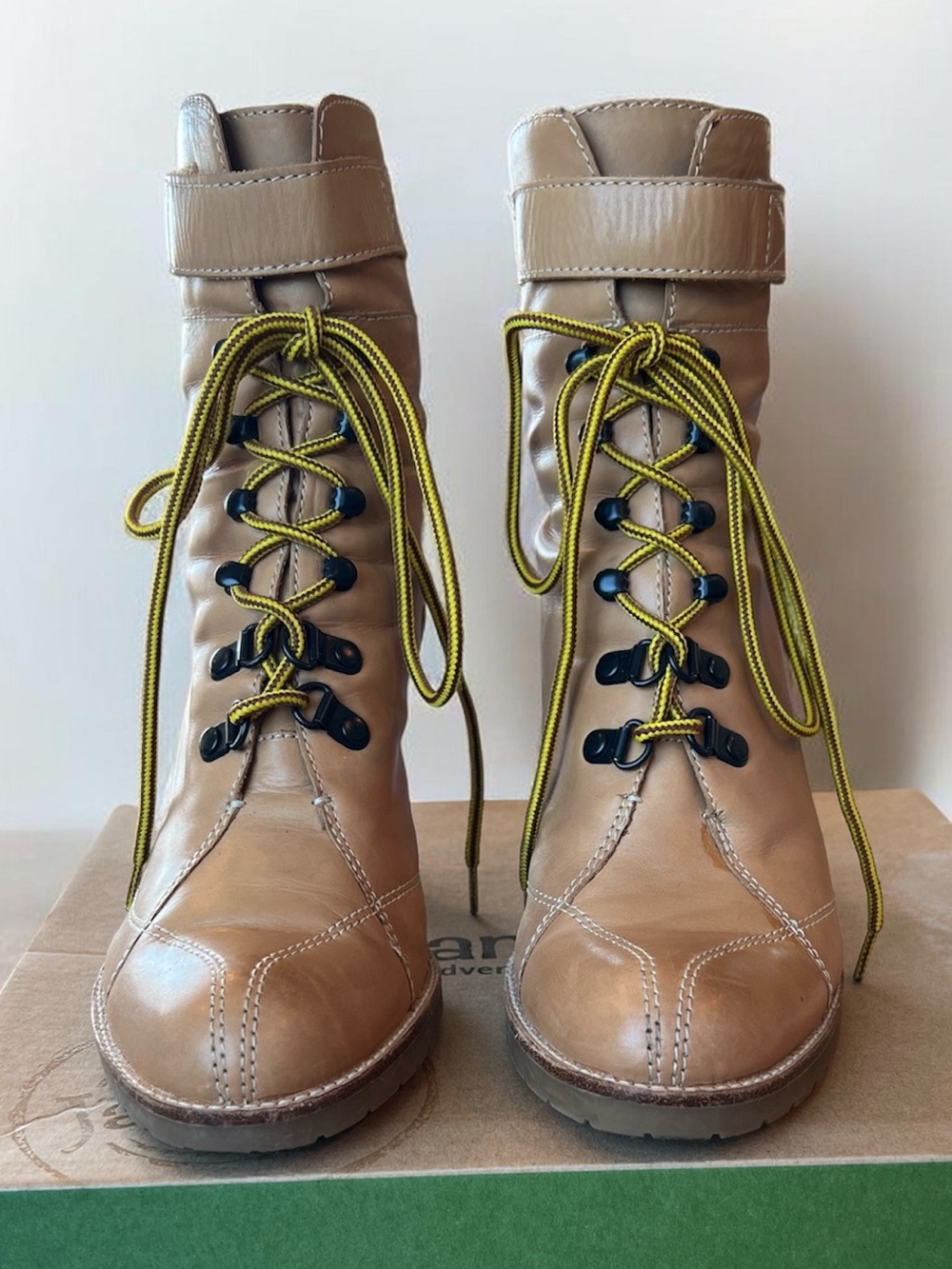 Nine West Tan Leather Lace-Up Heeled Ankle Boots with Yellow Laces - Picture 2 of 7